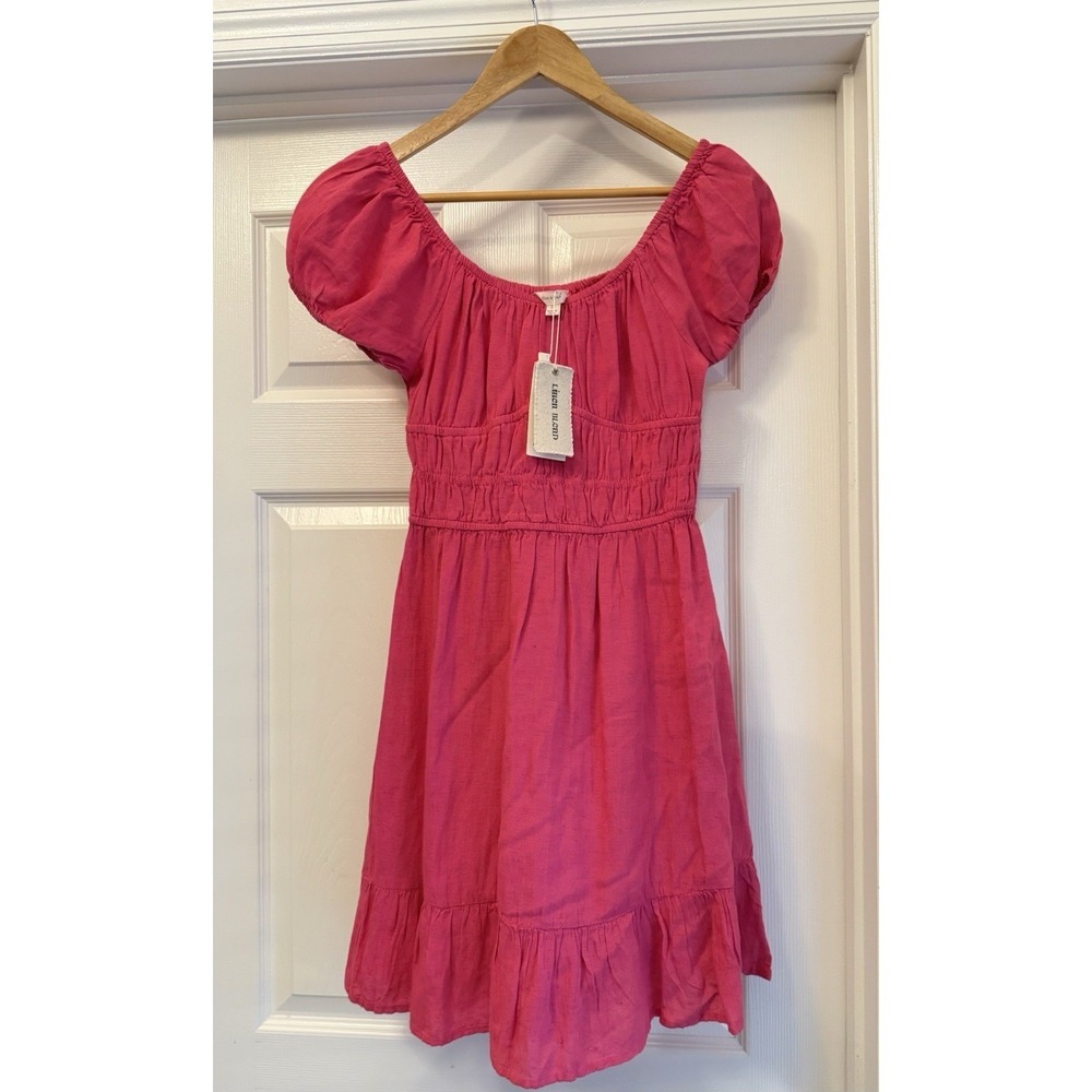 Sim & Sam Mini Dress Womens Small Pink Linen Blend Smocked Puff Sleeve Ruffle